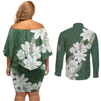 Ia Orana Tahiti Tiare Couples Matching Off Shoulder Short Dress and Long Sleeve Button Shirt Sage Green Lei - Polynesian Pride