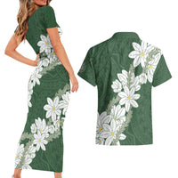 Ia Orana Tahiti Tiare Couples Matching Short Sleeve Bodycon Dress and Hawaiian Shirt Sage Green Lei - Polynesian Pride