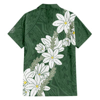 Ia Orana Tahiti Tiare Family Matching Long Sleeve Bodycon Dress and Hawaiian Shirt Sage Green Lei - Polynesian Pride