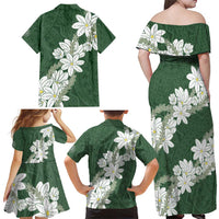Ia Orana Tahiti Tiare Family Matching Off Shoulder Maxi Dress and Hawaiian Shirt Sage Green Lei - Polynesian Pride