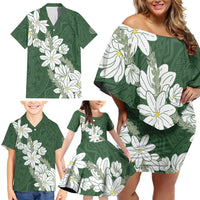 Ia Orana Tahiti Tiare Family Matching Off Shoulder Short Dress and Hawaiian Shirt Sage Green Lei - Polynesian Pride