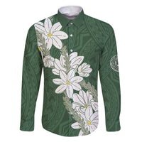 Ia Orana Tahiti Tiare Family Matching Short Sleeve Bodycon Dress and Hawaiian Shirt Sage Green Lei - Polynesian Pride