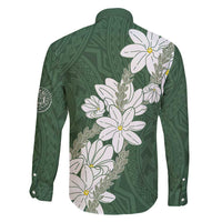 Ia Orana Tahiti Tiare Family Matching Summer Maxi Dress and Hawaiian Shirt Sage Green Lei - Polynesian Pride