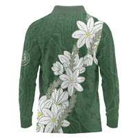 Ia Orana Tahiti Tiare Long Sleeve Polo Shirt Sage Green Lei - Polynesian Pride