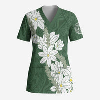Ia Orana Tahiti Tiare Scrub Top Sage Green Lei - Polynesian Pride