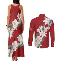 Ia Orana Tahiti Tiare Couples Matching Tank Maxi Dress and Long Sleeve Button Shirt Crimson Lei - Polynesian Pride