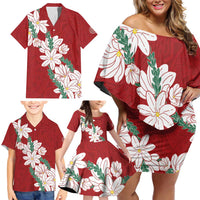 Ia Orana Tahiti Tiare Family Matching Off Shoulder Short Dress and Hawaiian Shirt Crimson Lei - Polynesian Pride
