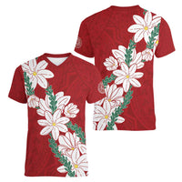 Ia Orana Tahiti Tiare Women V-Neck T-Shirt Crimson Lei - Polynesian Pride