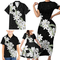 Ia Orana Tahiti Tiare Family Matching Short Sleeve Bodycon Dress and Hawaiian Shirt Black Lei - Polynesian Pride