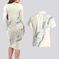Ia Orana Tahiti Tiare Couples Matching Long Sleeve Bodycon Dress and Hawaiian Shirt Lemon Yellow Lei - Polynesian Pride