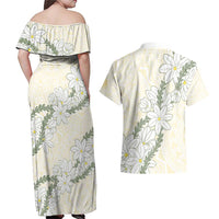 Ia Orana Tahiti Tiare Couples Matching Off Shoulder Maxi Dress and Hawaiian Shirt Lemon Yellow Lei - Polynesian Pride