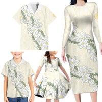 Ia Orana Tahiti Tiare Family Matching Long Sleeve Bodycon Dress and Hawaiian Shirt Lemon Yellow Lei - Polynesian Pride