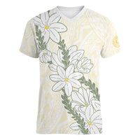 Ia Orana Tahiti Tiare Women V-Neck T-Shirt Lemon Yellow Lei - Polynesian Pride