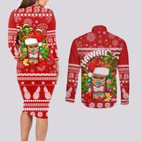 Hawaii Tiki Christmas Couples Matching Long Sleeve Bodycon Dress and Long Sleeve Button Shirt Mele Kalikimaka LT7 - Polynesian Pride