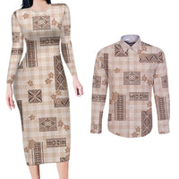 Hawaiian Quilt Tapa On Beige Palaka Motifs Couples Matching Long Sleeve Bodycon Dress and Long Sleeve Button Shirt