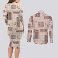 Hawaiian Quilt Tapa On Beige Palaka Motifs Couples Matching Long Sleeve Bodycon Dress and Long Sleeve Button Shirt