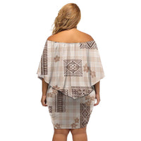 Hawaiian Quilt Tapa On Beige Palaka Motifs Family Matching Off Shoulder Short Dress and Hawaiian Shirt