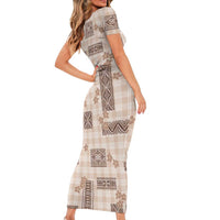 Hawaiian Quilt Tapa On Beige Palaka Motifs Family Matching Short Sleeve Bodycon Dress and Hawaiian Shirt
