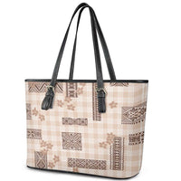 Hawaiian Quilt Tapa On Beige Palaka Motifs Leather Tote Bag LT7 - Polynesian Pride