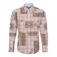 Hawaiian Quilt Tapa On Beige Palaka Motifs Long Sleeve Button Shirt LT7 Unisex Beige - Polynesian Pride