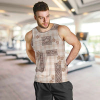 Hawaiian Quilt Tapa On Beige Palaka Motifs Men Tank Top LT7 Beige - Polynesian Pride