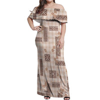 Hawaiian Quilt Tapa On Beige Palaka Motifs Off Shoulder Maxi Dress LT7 Women Beige - Polynesian Pride