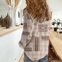 Hawaiian Quilt Tapa On Beige Palaka Motifs Women Casual Shirt LT7 - Polynesian Pride