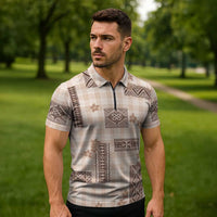 Hawaiian Quilt Tapa On Beige Palaka Motifs Zipper Polo Shirt LT7 - Polynesian Pride
