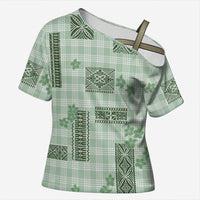 Hawaiian Quilt Tapa On Pastel Mint Palaka Motifs Cross Shoulder Shirt LT7 Female Mint - Polynesian Pride