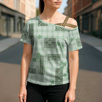 Hawaiian Quilt Tapa On Pastel Mint Palaka Motifs Cross Shoulder Shirt LT7 - Polynesian Pride