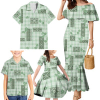 Hawaiian Quilt Tapa On Pastel Mint Palaka Motifs Family Matching Mermaid Dress and Hawaiian Shirt