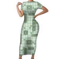 Hawaiian Quilt Tapa On Pastel Mint Palaka Motifs Family Matching Short Sleeve Bodycon Dress and Hawaiian Shirt