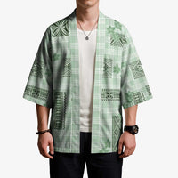 Hawaiian Quilt Tapa On Pastel Mint Palaka Motifs Kimono LT7 - Polynesian Pride