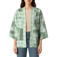 Hawaiian Quilt Tapa On Pastel Mint Palaka Motifs Kimono LT7 - Polynesian Pride