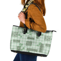 Hawaiian Quilt Tapa On Pastel Mint Palaka Motifs Leather Tote Bag LT7 Mint - Polynesian Pride