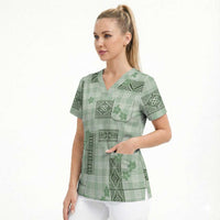 Hawaiian Quilt Tapa On Pastel Mint Palaka Motifs Scrub Top LT7 - Polynesian Pride