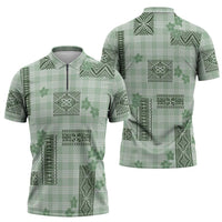 Hawaiian Quilt Tapa On Pastel Mint Palaka Motifs Zipper Polo Shirt LT7 - Polynesian Pride