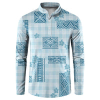 Hawaiian Quilt Tapa On Cold Blue Palaka Motifs Button Sweatshirt LT7 Azure - Polynesian Pride