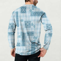 Hawaiian Quilt Tapa On Cold Blue Palaka Motifs Button Sweatshirt LT7 - Polynesian Pride