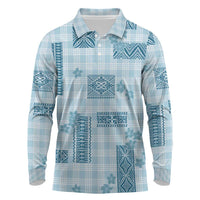 Hawaiian Quilt Tapa On Cold Blue Palaka Motifs Long Sleeve Polo Shirt LT7 Azure - Polynesian Pride