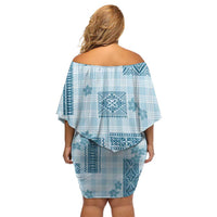 Hawaiian Quilt Tapa On Cold Blue Palaka Motifs Off Shoulder Short Dress LT7 - Polynesian Pride