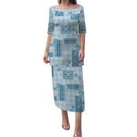 Hawaiian Quilt Tapa On Cold Blue Palaka Motifs Puletasi LT7 Long Dress Azure - Polynesian Pride