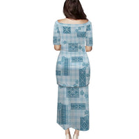 Hawaiian Quilt Tapa On Cold Blue Palaka Motifs Puletasi LT7 - Polynesian Pride