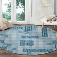 Hawaiian Quilt Tapa On Cold Blue Palaka Motifs Round Carpet LT7 - Polynesian Pride