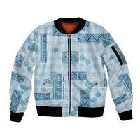 Hawaiian Quilt Tapa On Cold Blue Palaka Motifs Sleeve Zip Bomber Jacket LT7 Unisex Azure - Polynesian Pride