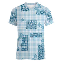 Hawaiian Quilt Tapa On Cold Blue Palaka Motifs Women V-Neck T-Shirt LT7 Female Azure - Polynesian Pride