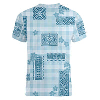 Hawaiian Quilt Tapa On Cold Blue Palaka Motifs Women V-Neck T-Shirt LT7 - Polynesian Pride