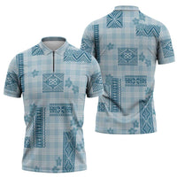 Hawaiian Quilt Tapa On Cold Blue Palaka Motifs Zipper Polo Shirt LT7 - Polynesian Pride