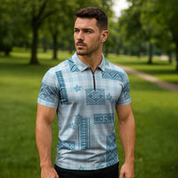 Hawaiian Quilt Tapa On Cold Blue Palaka Motifs Zipper Polo Shirt LT7 - Polynesian Pride