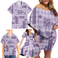 Hawaiian Quilt Tapa On Lilac Palaka Motifs Family Matching Off Shoulder Short Dress and Hawaiian Shirt
